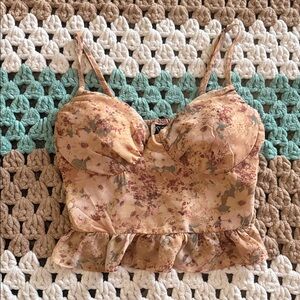 Floral Peach Brown Sheer Ruffle Crop Cropped Top Short Women's sz XS
